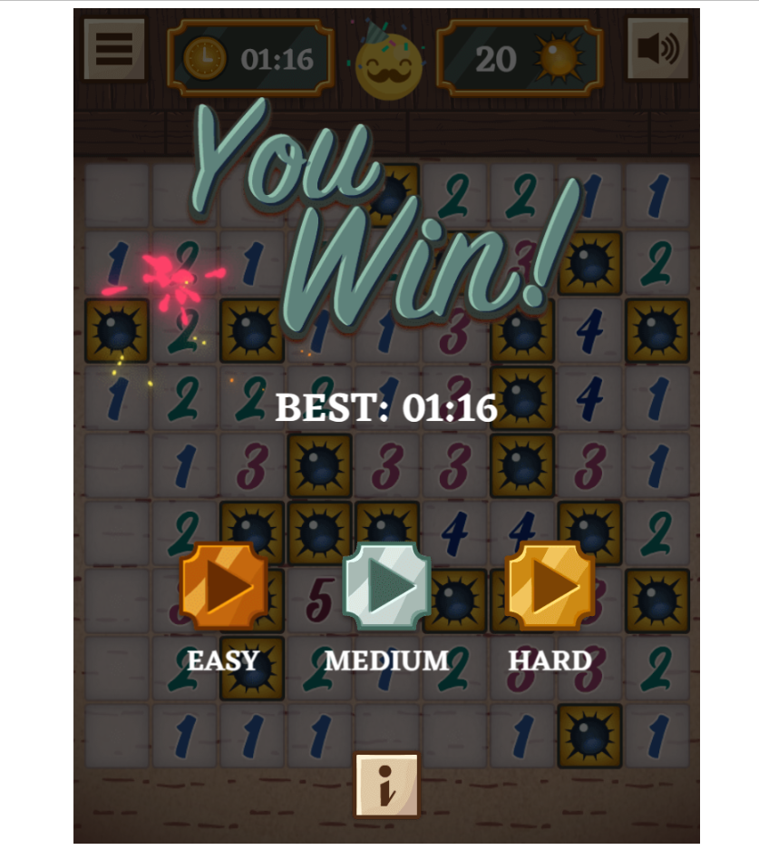 A completed Minesweeper game, with the text You Win!