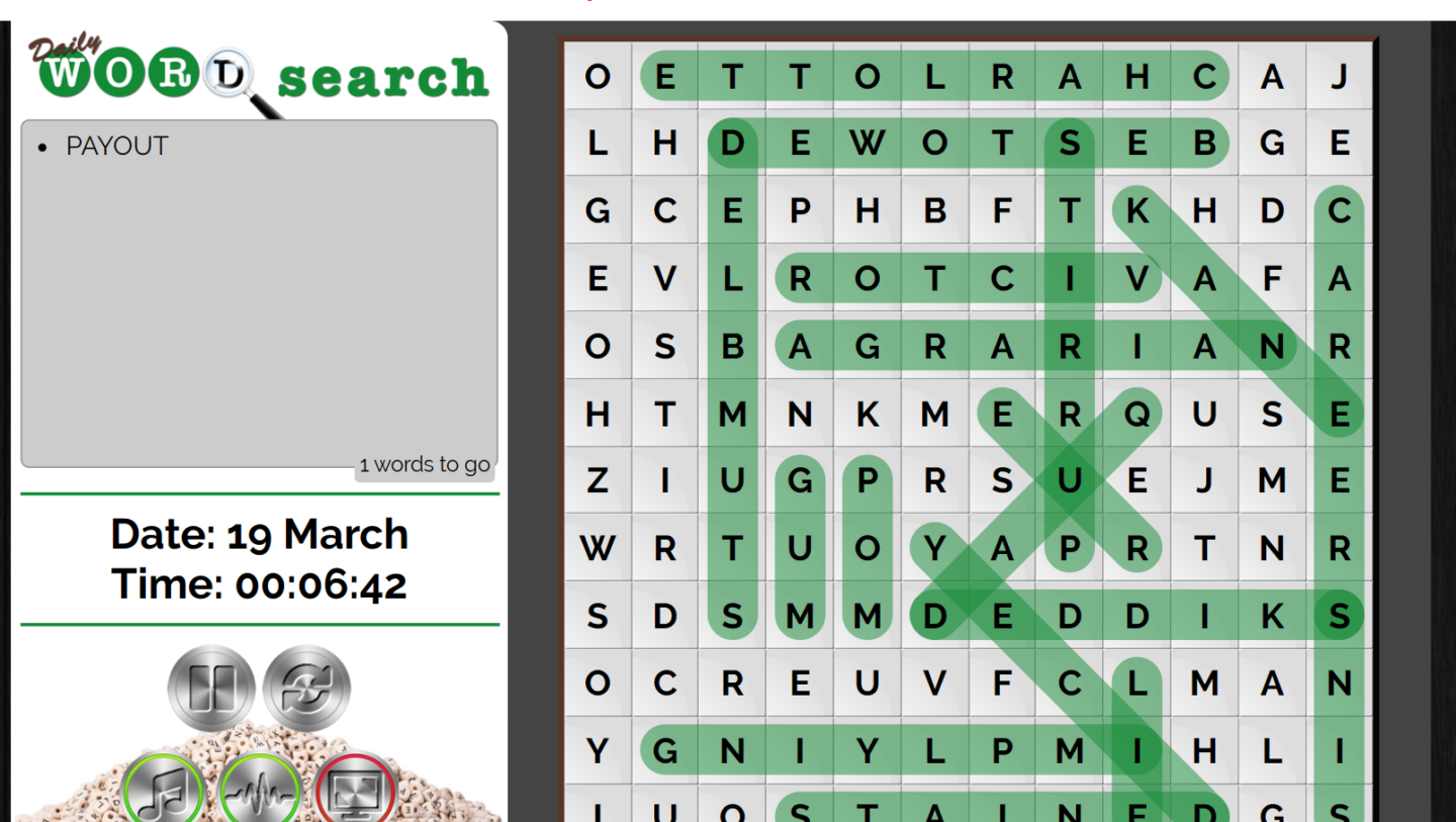 A word search with many of the words already found highlighted in green. The remaining word to find is payout.
