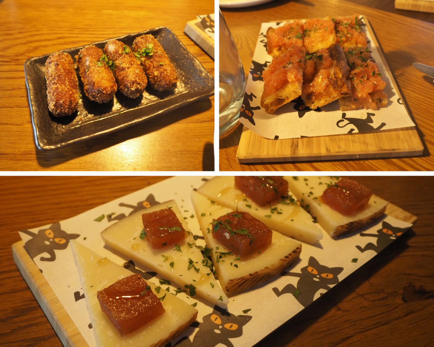 A collage of three photos of the tapas at ElGato Negro Tapas in Leeds. The top left image is ham and cheese croquettes, the right image is tomato bruschetta and the image beneath is sliced cheese on a board.