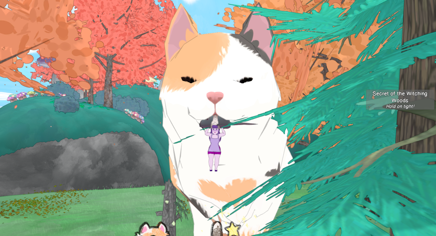 A screenshot from the game Calico, of a giant cat holding my character in its mouth.